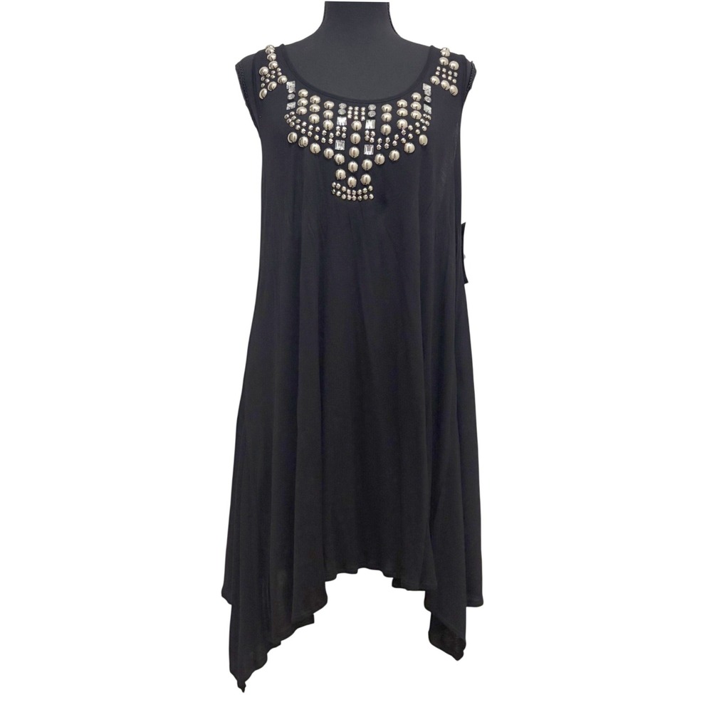 NEW INC International Concepts Mini Dress Tunic L Black Rhinestone Studded Glam